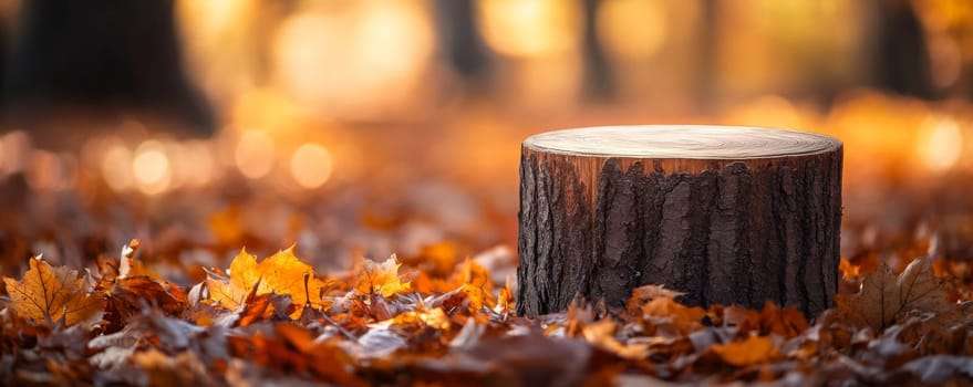 Tree stump in autumn forest with fallen leaves, close-up view. Nature and seasonal change concept.
