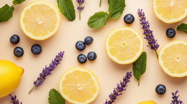 Lemon, blueberry and lavender arrangement on a beige background. Fresh and vibrant fruit and herb pattern concept.