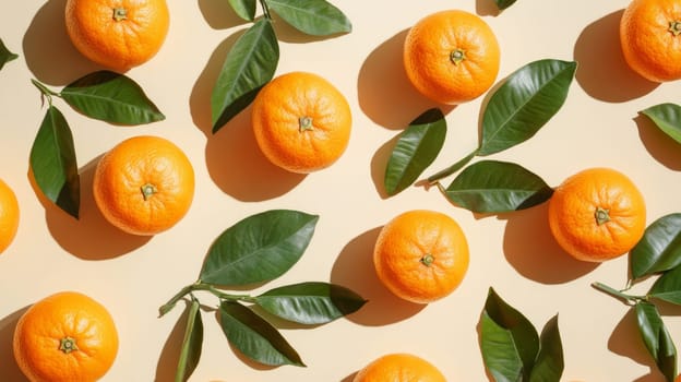 Orange fruits with green leaves on beige background, flat lay. Fresh citrus concept.