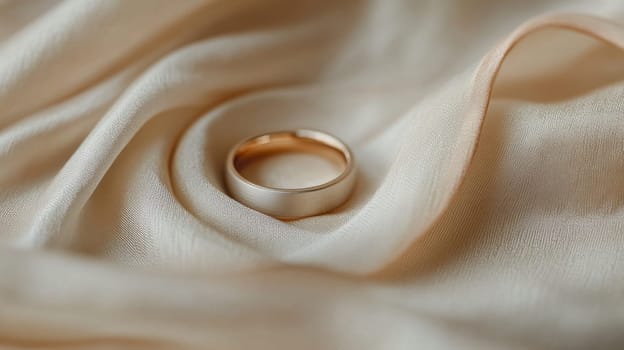 Golden wedding ring on beige silk fabric, symbol of love and commitment.