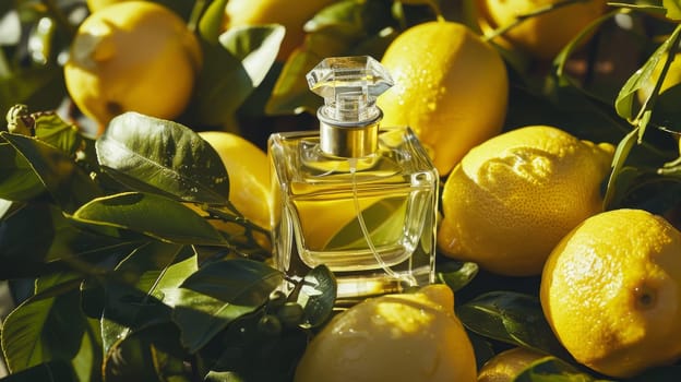 Perfume bottle surrounded by fresh lemons and green leaves, sunlight shining. Citrus fragrance concept.