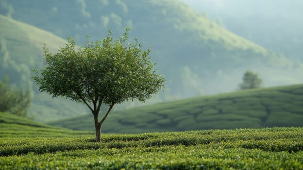Solitary tree on a lush green tea plantation in a misty valley, nature and tranquility concept.