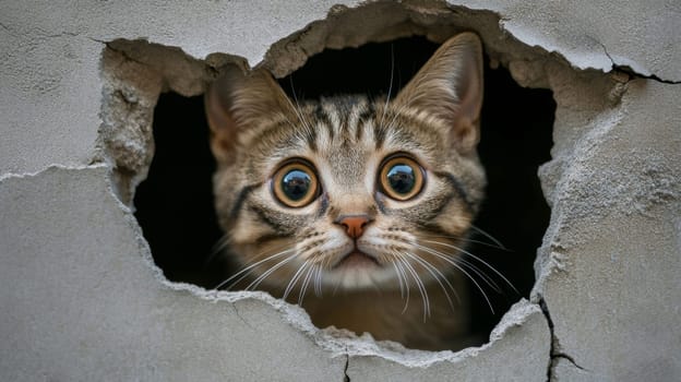 Curious cat peeking through a hole in a concrete wall, close-up view. Adorable and playful pet concept.