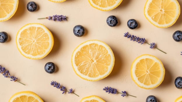 Sliced lemons, blueberries, and lavender flowers on beige background, top view. Fresh fruit and floral arrangement concept.