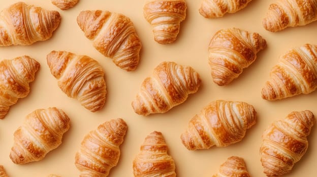Freshly baked croissants on a beige background, top view. Culinary and breakfast concept.