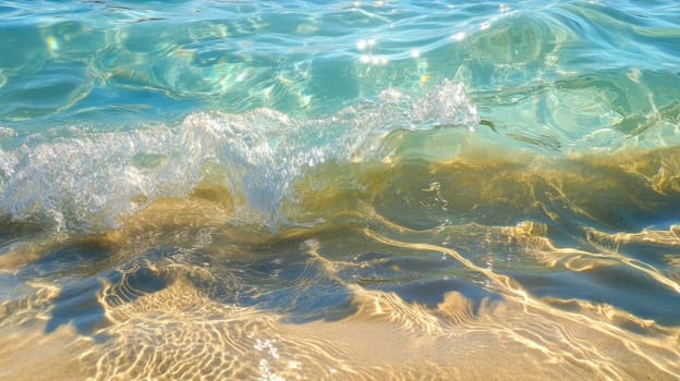 Waves gently rolling onto sandy beach, clear blue water. Tranquil seaside scene and summer vacation concept.