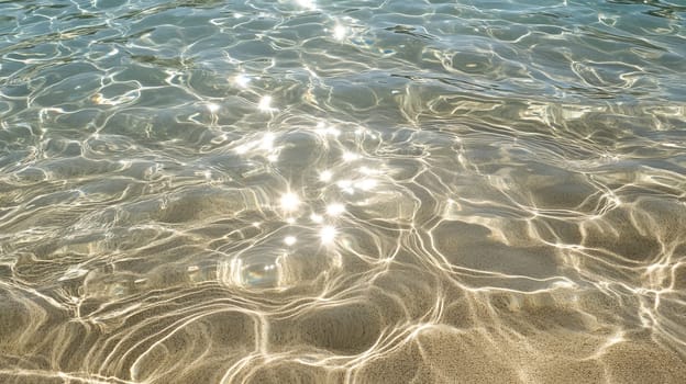 Clear shallow water with sun reflections on a sandy beach.