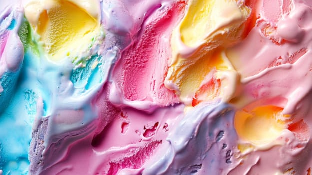 Colorful scoops of ice cream with a mix of pink, blue, yellow, and purple shades, close-up. Sweet dessert and food concept.
