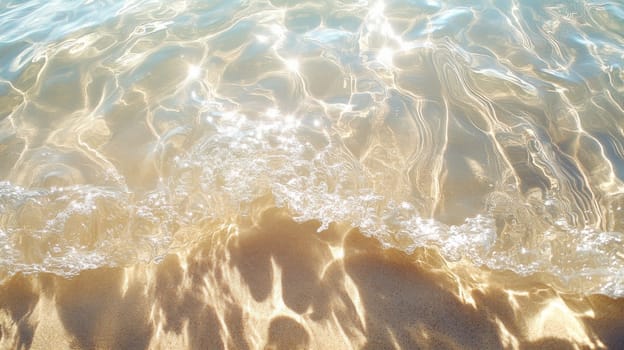 Waves gently lapping on golden sandy beach, sunlight reflections on water. Serene coastal scene concept.