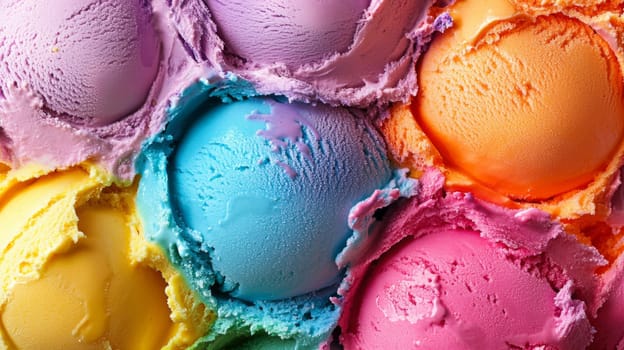 Colorful scoops of ice cream in various flavors, close-up. Dessert and food photography concept.