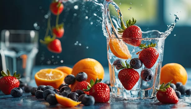 berries in water splash. Strawberries, oranges, blueberries in glass of fruit-infused water