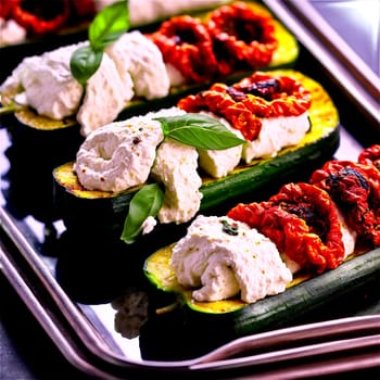 Grilled zucchini rolls with ricotta cheese sun dried tomatoes and basil leaves on a clear. close-up food, isolated on transparent background