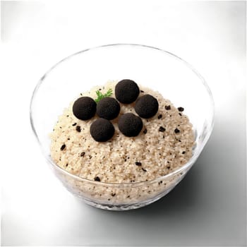 Truffle risotto creamy Arborio rice in stemless glass shaved black truffle flurries isolated on transparent. Food isolated on transparent background.
