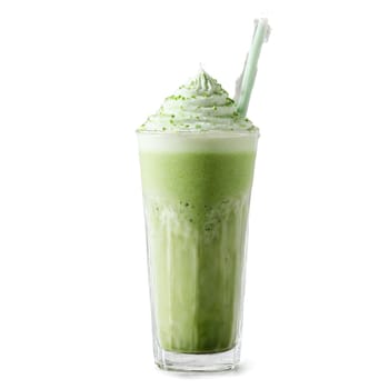 Iced matcha latte with green tea powder dusting and milk splashing Food and culinary concept. Food isolated on transparent background.