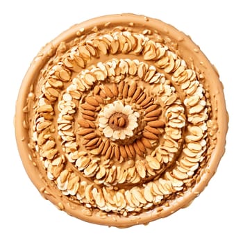 Almond butter mandala swirling almond butter floating almond chunks steam wisps Food and culinary concept. Food isolated on transparent background.