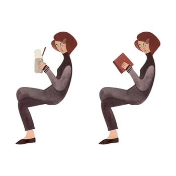 Reading young white girl with brown short hair and bob hairstyle in vintage black turtleneck and black skinny pants. 1960s style. University student with book. Girl with cocoa. Calm and concentrated. Character in two poses. Isolated watercolor illustration