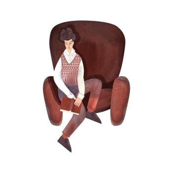 Reading young white man with dark curly hair wearing vintage knitted vest and brown corduroy trousers in brown shabby chair. 1960s style. University student with book. Calm and concentrated. Character. Isolated watercolor illustration