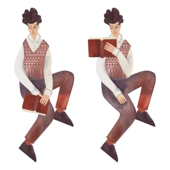 Reading young white man with dark curly hair in vintage knitted vest and brown corduroy trousers. 1960s style. University student with a book. Calm and concentrated. Character in two poses. Isolated watercolor illustration
