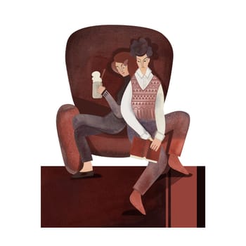 Love of reading. Young couple dressed in vintage clothes reading in brown shabby chair. Boy and girl. 1960s style. University students with books. Calm and concentration. Characters hugging. Love and comfort. Isolated watercolor illustration