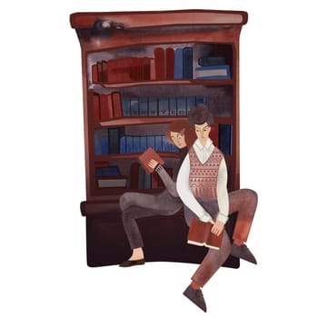 Love of reading. Young couple dressed in vintage clothes near bookshelves in library or bookstore. Boy and girl. 1960s style. University students with books. Calm and concentration. Characters hugging. Love and comfort. Isolated watercolor illustration