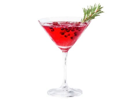 Pomegranate soda in a martini glass pomegranate seeds and rosemary festive and rich red dynamic. Drink isolated on transparent background.