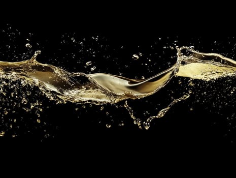 Dynamic celebration with champagne: bubbly splashes on a black background for party decor.