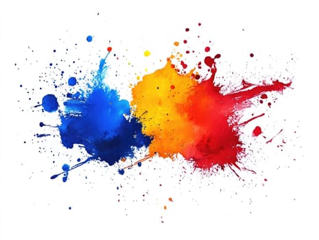 Vibrant paint splash in blue, yellow, and red on white background for creative design.