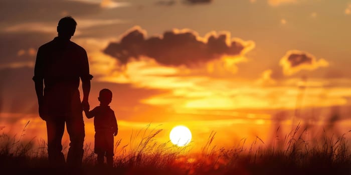 Father and child at sunset - heartwarming father's day concept for card or poster design.