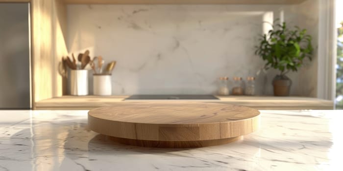 Modern kitchen interior with wooden podium stand for food display.