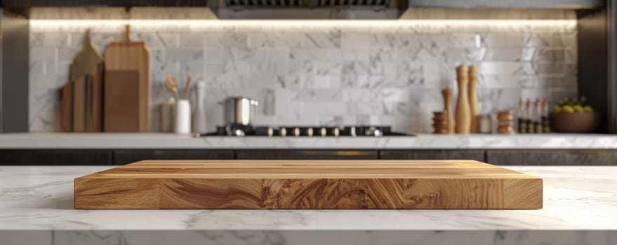 Modern kitchen with wooden podium for food presentation and culinary design.