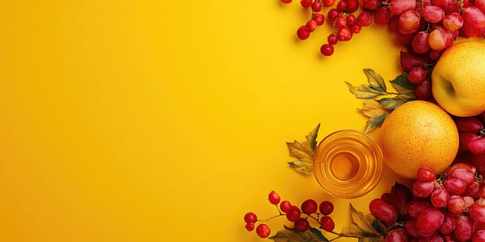 Sukkot celebration background with fresh fruits and autumn leaves on yellow surface.