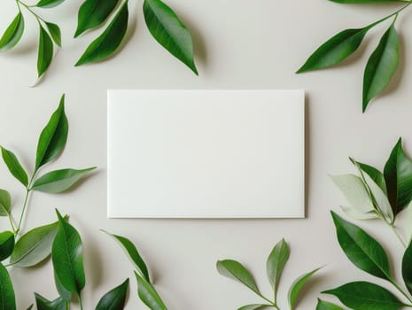 Elegant card mockup with green leaf border for wedding or birthday invitations.