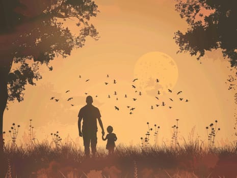 Father's day celebration background with silhouette of father and child in nature at sunset.