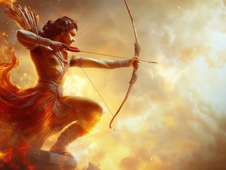 Majestic dussehra warrior in fiery battle stance with copy space for text design.