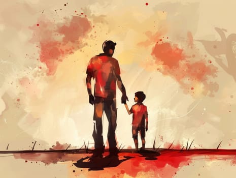 Heartfelt father-son moment with abstract art and warm colors.