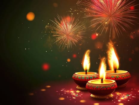 Dussehra celebration background with fireworks and traditional lamps for festive design.