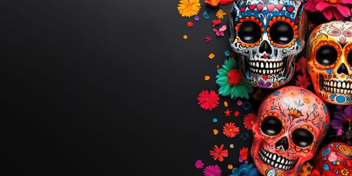 Dia de los muertos festive background with colorful sugar skulls and flowers for celebration design.