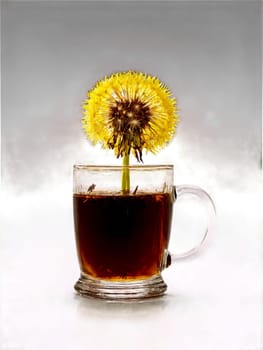 Dandelion root tea glass mug roasted roots deep brown infusion detoxifying. Drink isolated on transparent background.