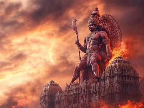 Majestic dussehra celebration with warrior statue against dramatic sky.