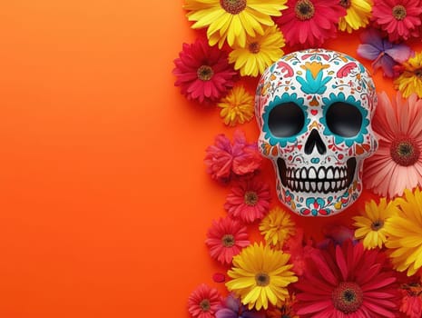 Dia de los muertos celebration background with colorful skull and flowers for creative design.