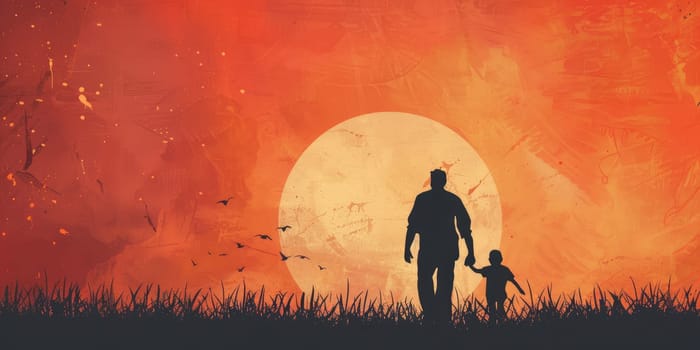 Joyful father's day celebration with father and child silhouette against sunset background.