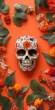 Dia de los muertos festive background with painted skull and colorful flowers for event design.