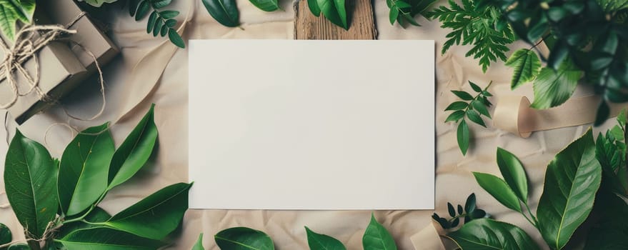 Elegant mockup card with green foliage for wedding or birthday celebration.