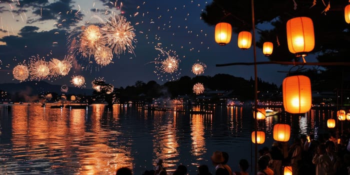 Obon festival in japan: night fireworks and lanterns reflecting on water.