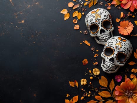 Dia de los muertos celebration background with sugar skulls and autumn leaves.