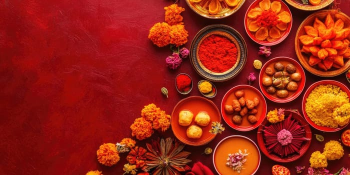 Vibrant dussehra celebration background with traditional sweets and festive decorations.