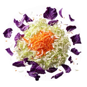 Coleslaw shredded green and purple cabbage carrot confetti tossed in the air isolated on transparent. Food isolated on transparent background.