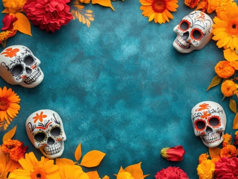 Dia de los muertos celebration background with colorful skulls and flowers top view with copy space.
