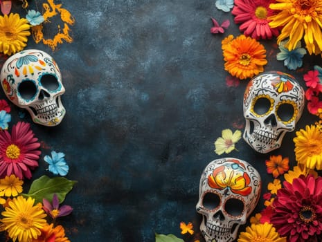 Dia de los muertos festive background with colorful skulls and flowers for celebration design.