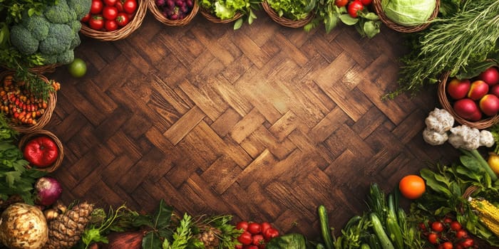 Sukkot celebration background with fresh fruits and vegetables in rustic style.